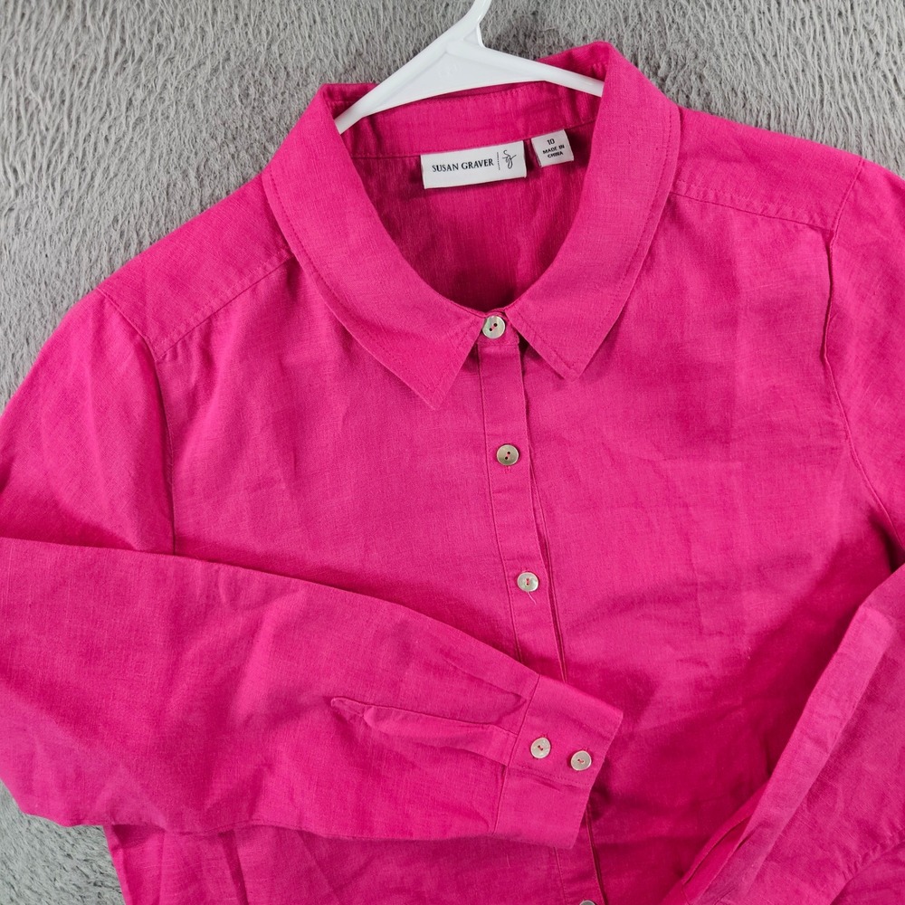 Susan Graver Womens Pink Linen Cotton Blend Button Down Shirt Size 10 Long Slv
